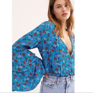 Free People Blue Floral BodySuit Small